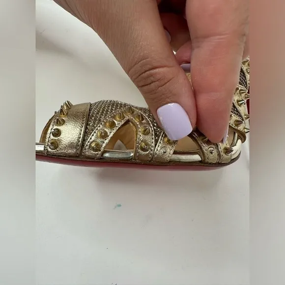 Christian Louboutin Heels Womens 38/US 8 Gold Red Studded Peep Toe‎ Heels Pumps