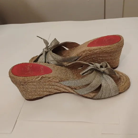 Christian Louboutin Womens Metallic Canvas Espadrille Wedge Sandals 38