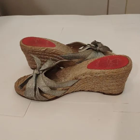 Christian Louboutin Womens Metallic Canvas Espadrille Wedge Sandals 38