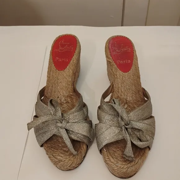 Christian Louboutin Womens Metallic Canvas Espadrille Wedge Sandals 38