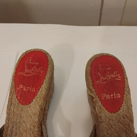 Christian Louboutin Womens Metallic Canvas Espadrille Wedge Sandals 38