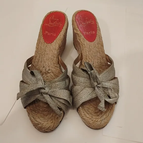 Christian Louboutin Womens Metallic Canvas Espadrille Wedge Sandals 38