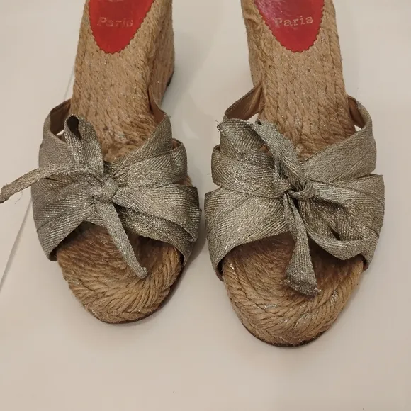 Christian Louboutin Womens Metallic Canvas Espadrille Wedge Sandals 38