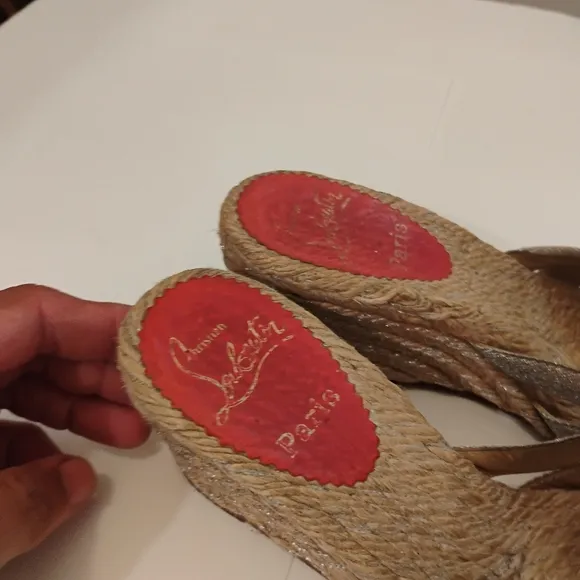 Christian Louboutin Womens Metallic Canvas Espadrille Wedge Sandals 38