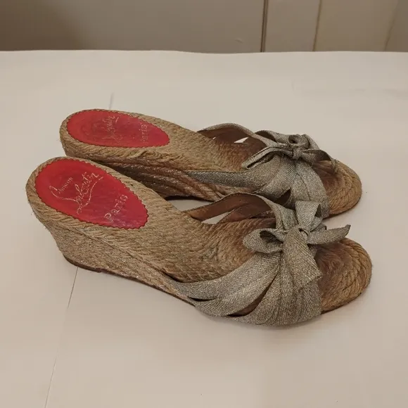 Christian Louboutin Womens Metallic Canvas Espadrille Wedge Sandals 38