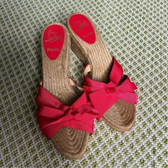 Christian Louboutin Red Ribbon Espadrilles Wedge Sandals