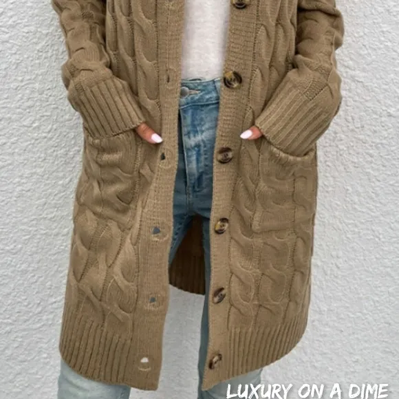 Chunky Cable-Knit Classic Button Front Long Cardigan with Pockets Fall Winter
