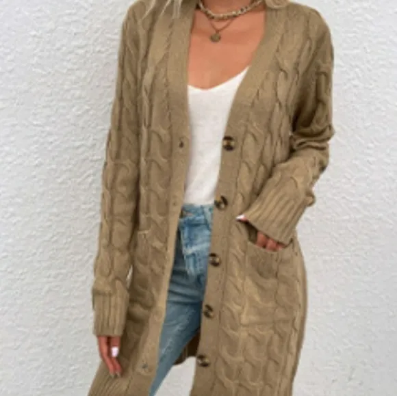 Chunky Cable-Knit Classic Button Front Long Cardigan with Pockets Fall Winter