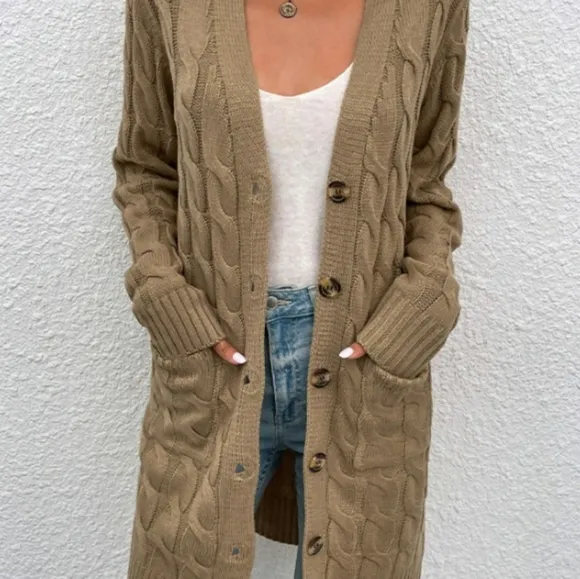 Chunky Cable-Knit Classic Button Front Long Cardigan with Pockets Fall Winter