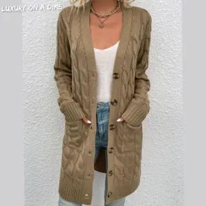 Chunky Cable-Knit Classic Button Front Long Cardigan with Pockets Fall Winter