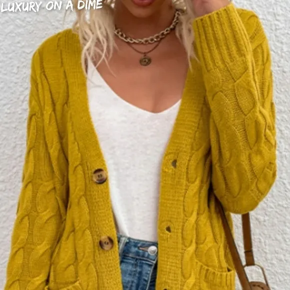Chunky Cable-Knit Classic Button Front Longline Oversized Cardigan Patch Pockets