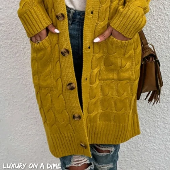 Chunky Cable-Knit Classic Button Front Longline Oversized Cardigan Patch Pockets