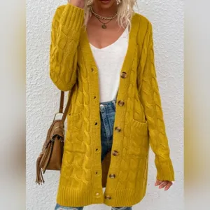 Chunky Cable-Knit Classic Button Front Longline Oversized Cardigan Patch Pockets