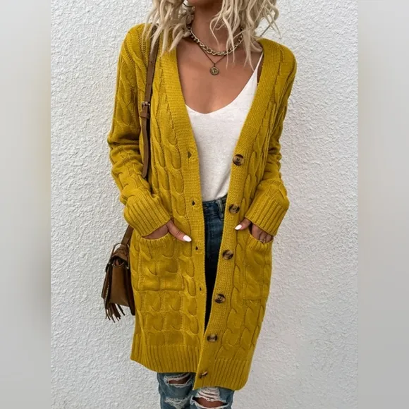 Chunky Cable-Knit Classic Button Front Longline Oversized Cardigan Patch Pockets