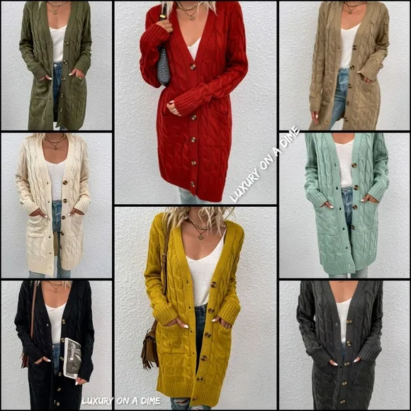 Chunky Cable-Knit Classic Button Front Longline Oversized Cardigan Patch Pockets