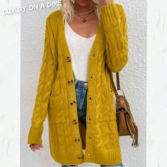 Chunky Cable-Knit Classic Button Front Longline Oversized Cardigan Patch Pockets