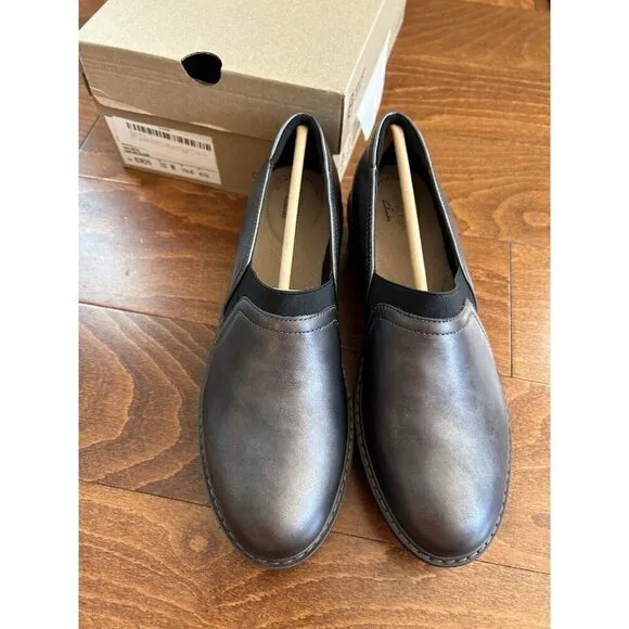 Clarks Womens 10 N Airbaell Mid Gunmetal Wedge Leather Shoes NEW
