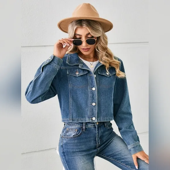 Classic Denim Jacket Blue Jean Long Sleeve Button-up Front Collar Neck Casual