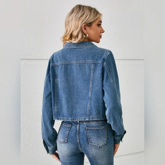 Classic Denim Jacket Blue Jean Long Sleeve Button-up Front Collar Neck Casual