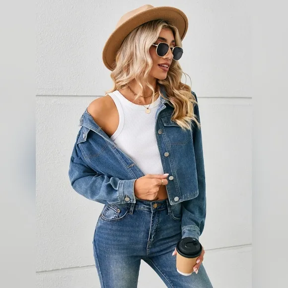 Classic Denim Jacket Blue Jean Long Sleeve Button-up Front Collar Neck Casual