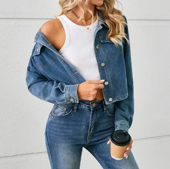 Classic Denim Jacket Blue Jean Long Sleeve Button-up Front Collar Neck Casual