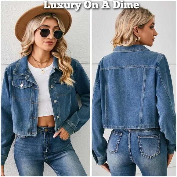 Classic Denim Jacket Blue Jean Long Sleeve Button-up Front Collar Neck Casual