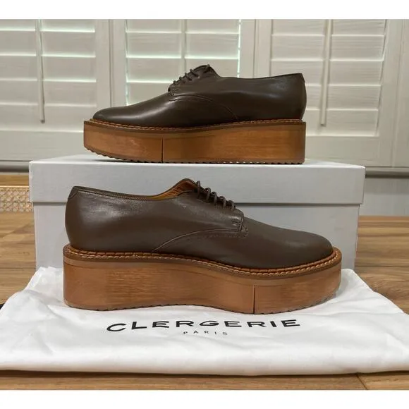 Clergerie Brooks Wooden Effect Platform Oxford Brown Leather Sz 5.5 US 36 EU NIB