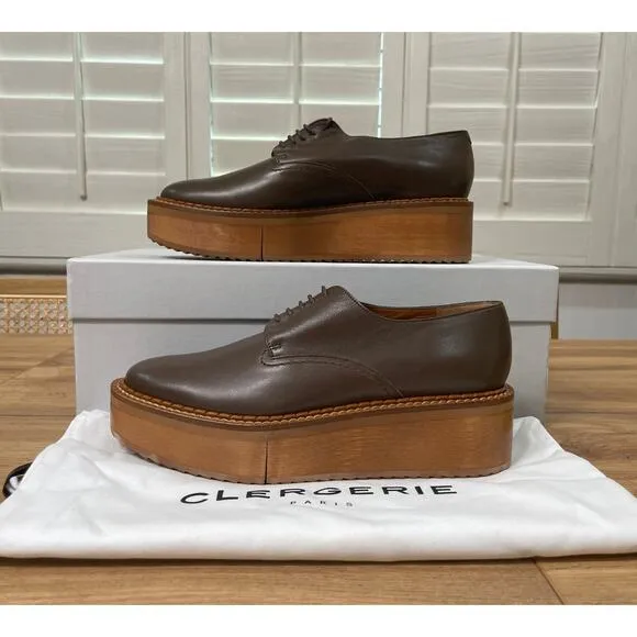 Clergerie Brooks Wooden Effect Platform Oxford Brown Leather Sz 5.5 US 36 EU NIB