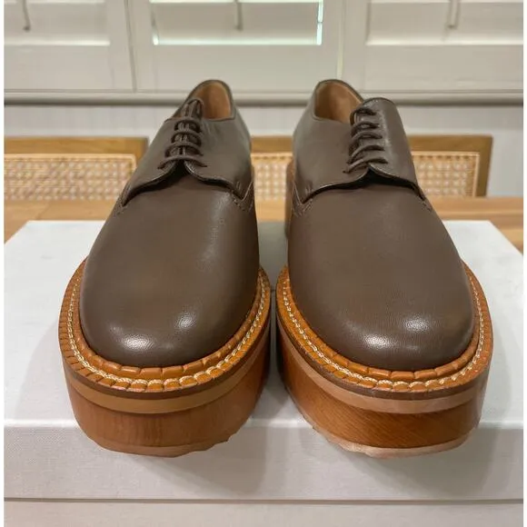 Clergerie Brooks Wooden Effect Platform Oxford Brown Leather Sz 5.5 US 36 EU NIB