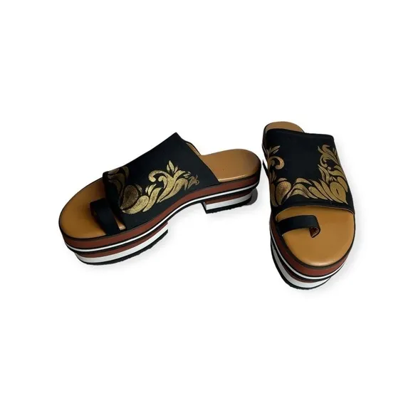 Clover Canyon Platform Heel Slip-On Sandals in Black and Gold Women’s Size 9​​​​
