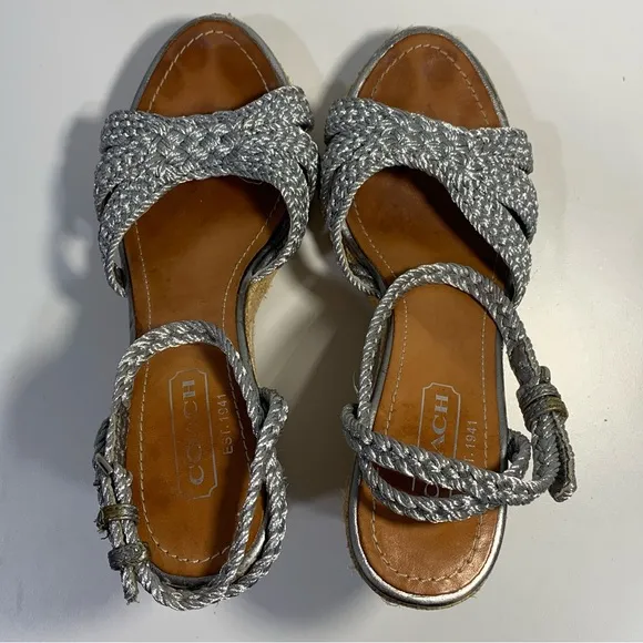Coach Arianna Women’s 6B Silver Braided Platform Wedge Ankle Strap Sandals Heels