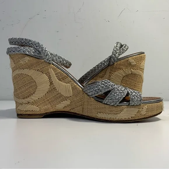Coach Arianna Women’s 6B Silver Braided Platform Wedge Ankle Strap Sandals Heels