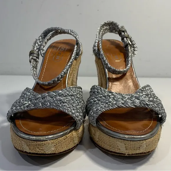 Coach Arianna Women’s 6B Silver Braided Platform Wedge Ankle Strap Sandals Heels