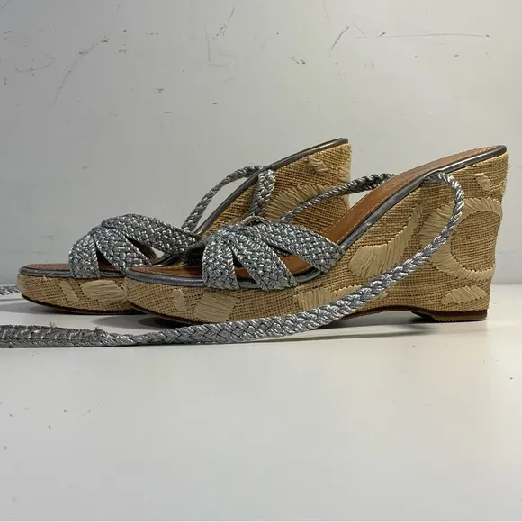 Coach Arianna Women’s 6B Silver Braided Platform Wedge Ankle Strap Sandals Heels