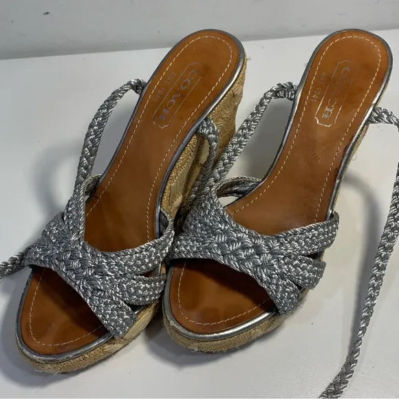 Coach Arianna Women’s 6B Silver Braided Platform Wedge Ankle Strap Sandals Heels