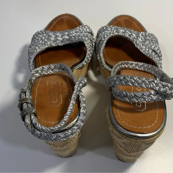 Coach Arianna Women’s 6B Silver Braided Platform Wedge Ankle Strap Sandals Heels