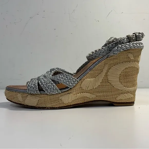 Coach Arianna Women’s 6B Silver Braided Platform Wedge Ankle Strap Sandals Heels