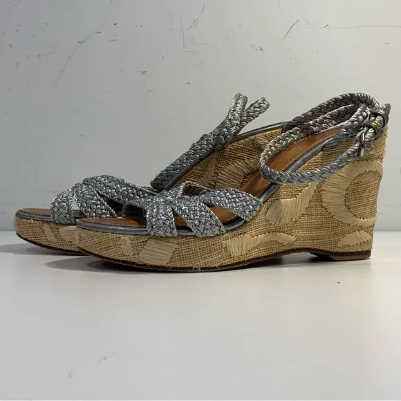 Coach Arianna Women’s 6B Silver Braided Platform Wedge Ankle Strap Sandals Heels