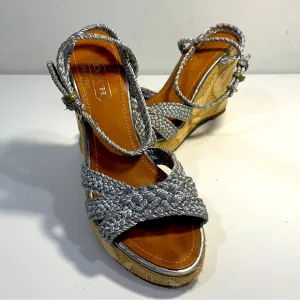 Coach Arianna Women’s 6B Silver Braided Platform Wedge Ankle Strap Sandals Heels