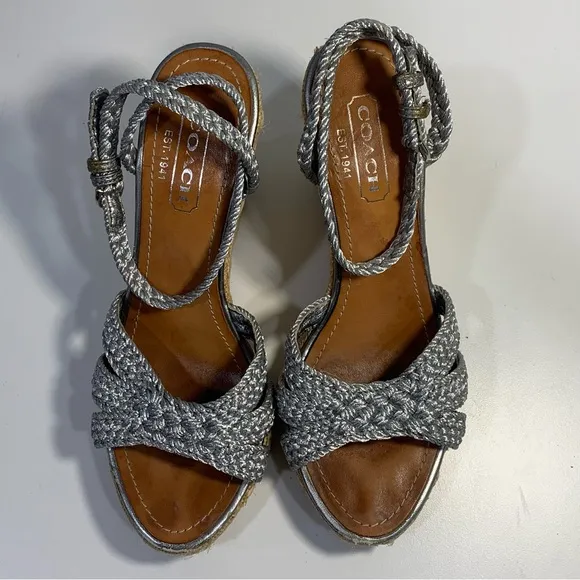 Coach Arianna Women’s 6B Silver Braided Platform Wedge Ankle Strap Sandals Heels