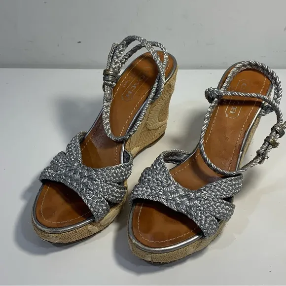 Coach Arianna Women’s 6B Silver Braided Platform Wedge Ankle Strap Sandals Heels