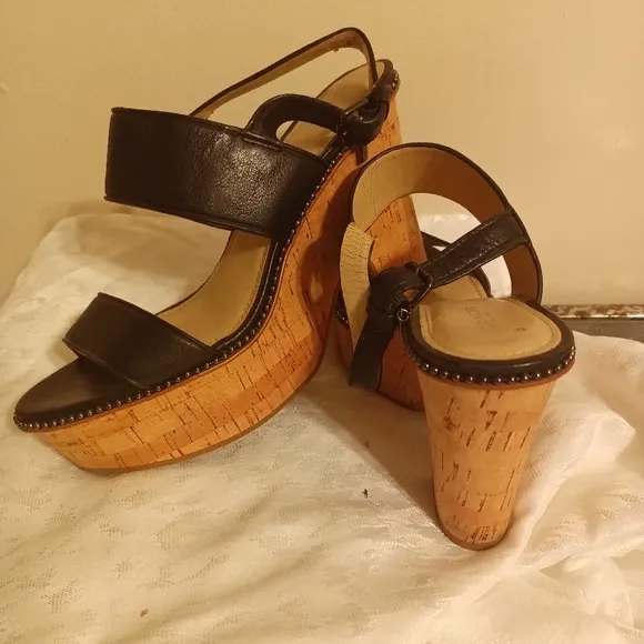 Coach black leather wedge platform women's  sandal size 8.5 B
