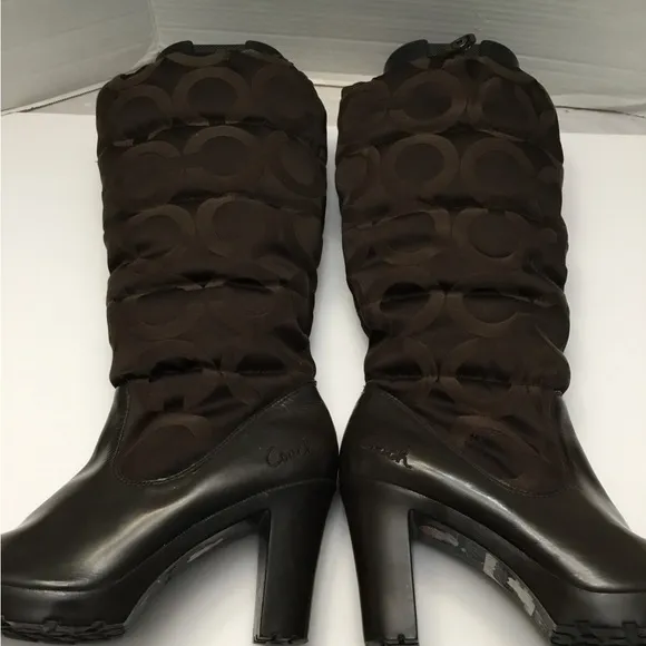 COACH Chic Brown Mid-Calf Heeled Boots with Textured Pattern