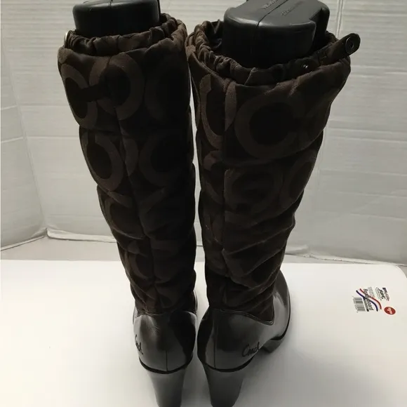 COACH Chic Brown Mid-Calf Heeled Boots with Textured Pattern