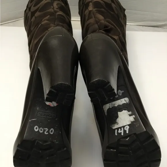 COACH Chic Brown Mid-Calf Heeled Boots with Textured Pattern