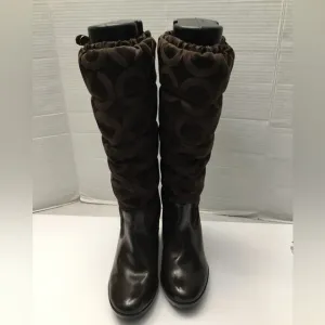 COACH Chic Brown Mid-Calf Heeled Boots with Textured Pattern