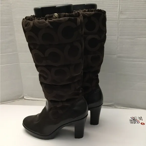 COACH Chic Brown Mid-Calf Heeled Boots with Textured Pattern