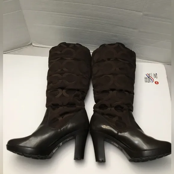 COACH Chic Brown Mid-Calf Heeled Boots with Textured Pattern