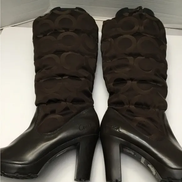 COACH Chic Brown Mid-Calf Heeled Boots with Textured Pattern