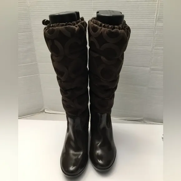COACH Chic Brown Mid-Calf Heeled Boots with Textured Pattern